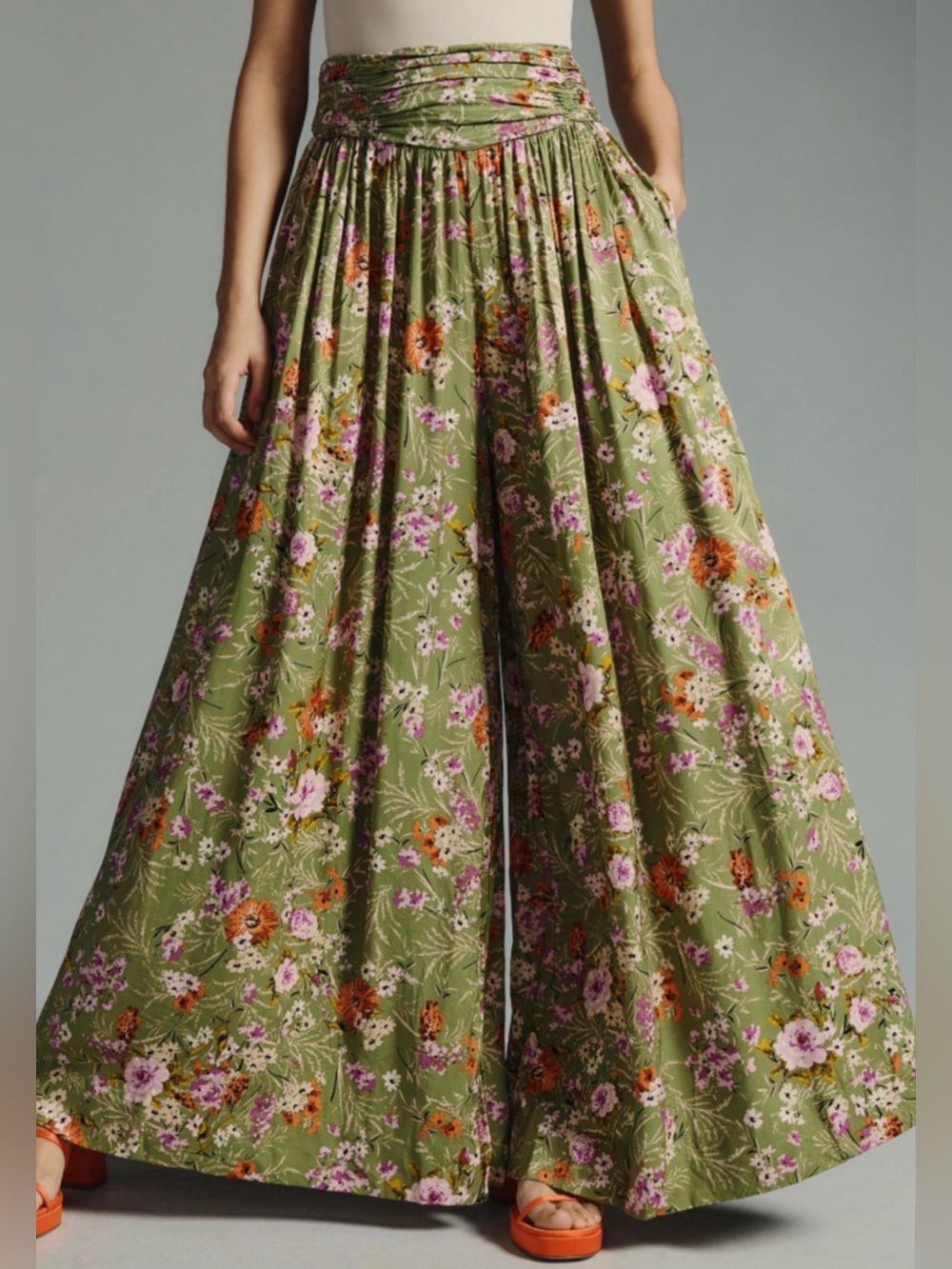 Anthropologie Olive Green Floral Wide-Leg Pants